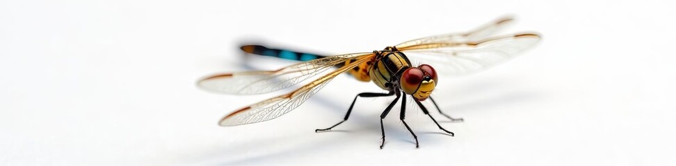 Macro shot of a shiny metallic dragonfly isolated on white, wings, close-up, wildlife