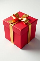 Obraz premium Elegant red gift box with golden ribbon and bow on white background, gift, white