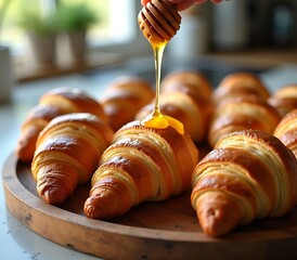 fresh croissants with honey butter on wooden tray, sunlit kitchen menu