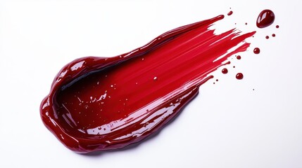 Swiped crimson paint, glossy texture, splatters. Ideal for cosmetics, beauty, and art projects needing vibrant color.