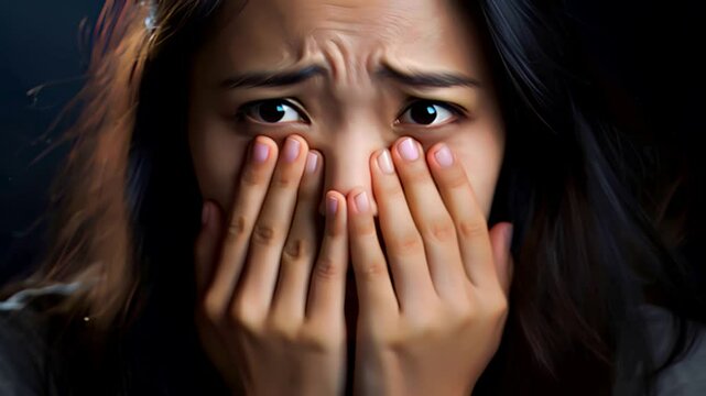 顔に手を当てて困惑の表情を浮かべるアジア人女性