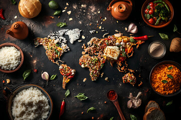 Culinary World Map: A vibrant, high-angle shot showcases a world map artfully crafted from various cuisines and ingredients, surrounded by bowls and elements on a dark background.