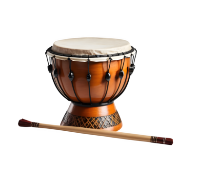 A Ramadan drum and its accompanying stick, showcased on a clean white backdrop