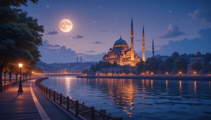 Obraz premium Serene Mosque by Moonlight on the Riverbank. Generative Ai