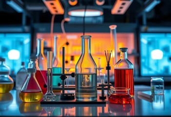 Laboratory experiment with glassware and equipment, laboratory setting, flask
