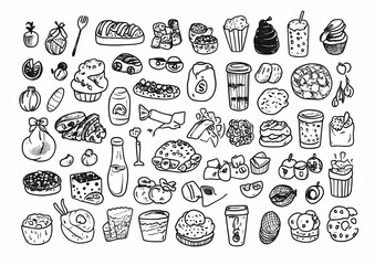 Culinary Collage: A whimsical collection of hand-drawn food illustrations, showcasing a delightful assortment of baked goods, desserts, and beverages.