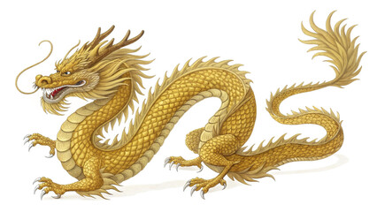 Obraz premium Regal gold dragon roaring, intricate scales and piercing eyes, isolated on a white background