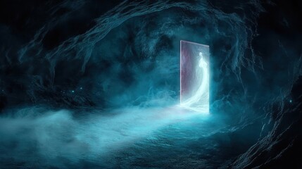 Dark Underground Cavern Illuminated by Ethereal Light with Glowing Doorway and Volumetric Fog
