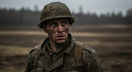 Fototapeta premium A weary soldier after battle, covered in mud