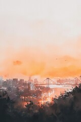 Watercolor painting of a golden hour cityscape during Ramadhan, featuring a bridge overlooking the glowing city. The sky is painted in soft shades of orange and pink