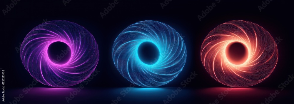 Poster abstract swirling patterns dynamic spiral shapes glowing neon circles