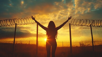 Woman silhouetted at sunset, arms outstretched before barbed wire fence.