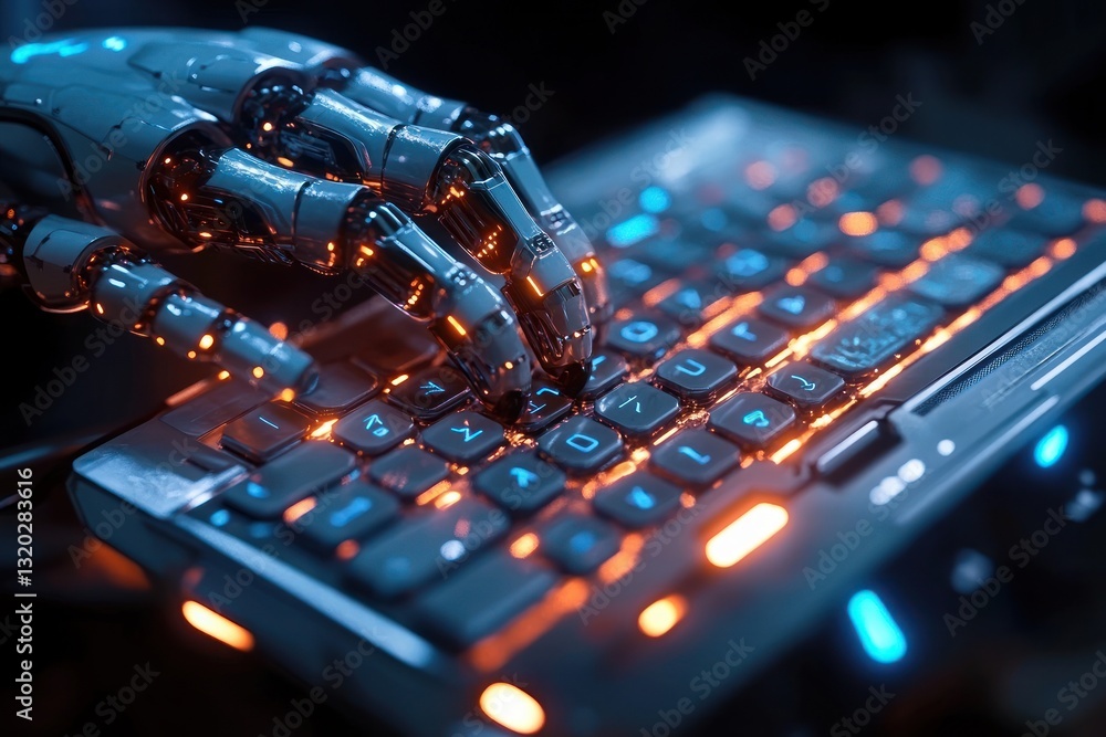 Aufkleber ai robot hands typing on futuristic keyboard in cyberpunk environment