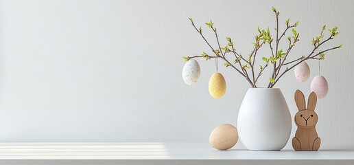 Spring Easter Still Life with White Vase Branches Colorful Eggs and Wooden Bunny in Scandinavian Design