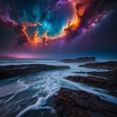 Fototapeta premium Luminous Horizons: The Radiant Oceans of an Alien Landscape