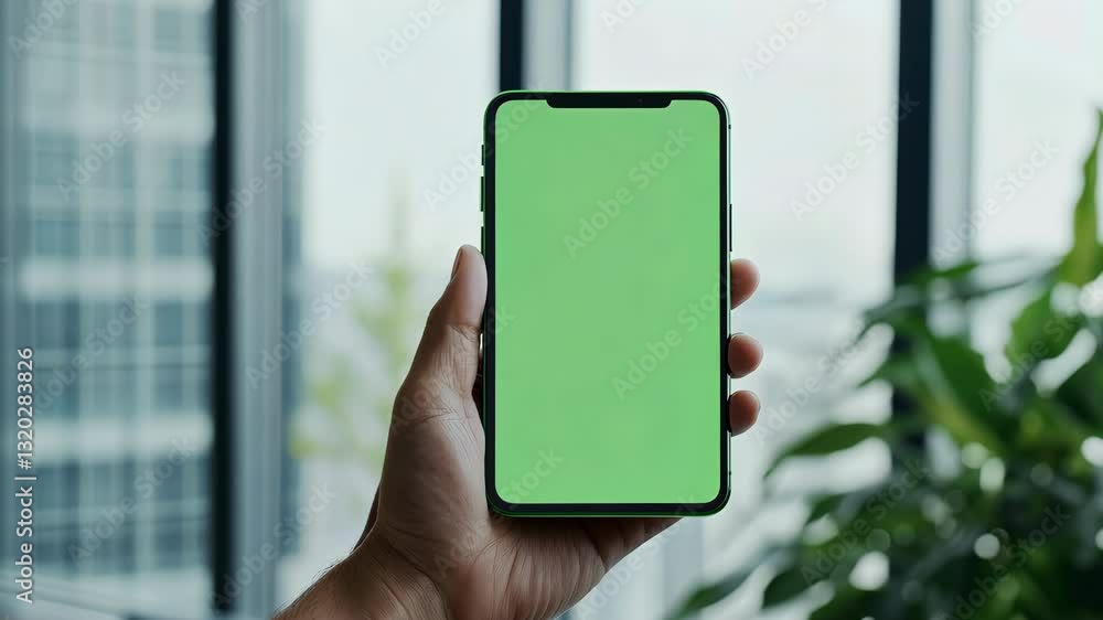 Aufkleber modern workspace with smartphone and green screen technology driven office surrounded by plants and 