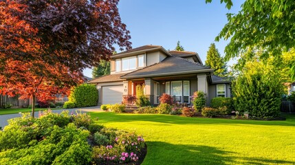 Obraz premium Modern house with clean lines, surrounded by lush greenery and soft natural light, embodying simplicity and harmony. 