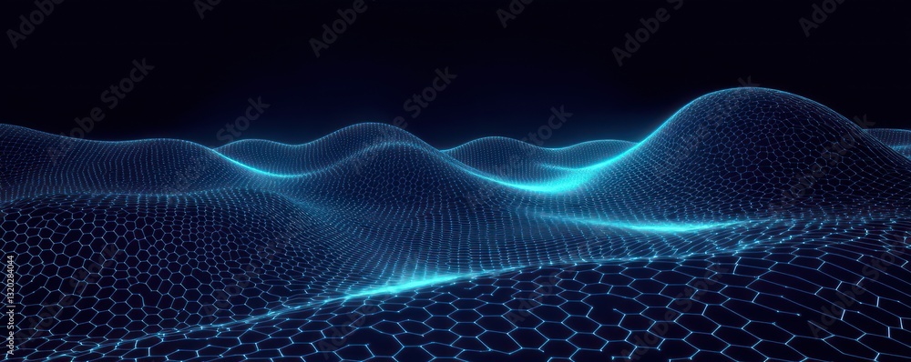 Poster futuristic abstract hexagonal wave with glowing dots in dark background digital technology illustrat