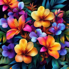 Tropical Botanical Illustration of Exotic Flowers on Black Background with Vibrant Colors and Detailed Design