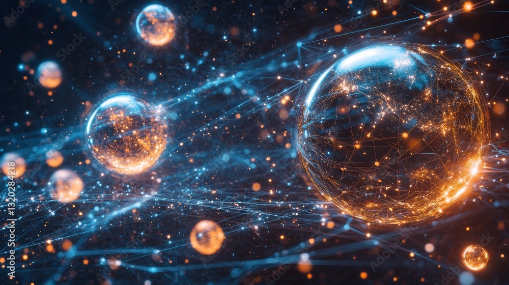 Poster Explore multiple spheres representing unique virtual worlds interconnected by glowing light beams in a cosmic expanse