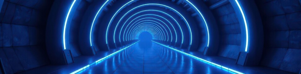 Fototapeta premium Dark blue neon signs illuminate futuristic tunnel, geometric, futuristic