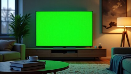 A cozy modern living room with a large LED TV mounted on the wall, displaying a bright green screen. A coffee table in front with books and a cup of coffee. Soft evening lighting, high-detail, realist