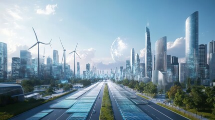 Fototapeta premium Futuristic city with sustainable infrastructure, clean energy, and advanced transportation. Wide avenue leads to tall skyscrapers, wind turbines and solar panels are visible. 