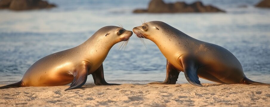 Two seals touching noses gently on a sunny sandy beach