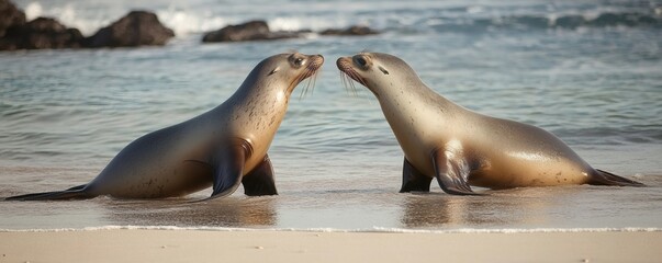 Obraz premium Two sea lions touching noses on a sandy beach setting