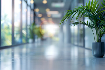 blurred background of a light modern office interior. Abstract light bokeh at office interior background for design.