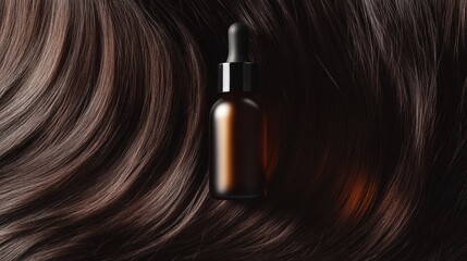 Fototapeta premium Luxurious hair care product blank container mockup on glossy brunette hair background with ample space for customization and design