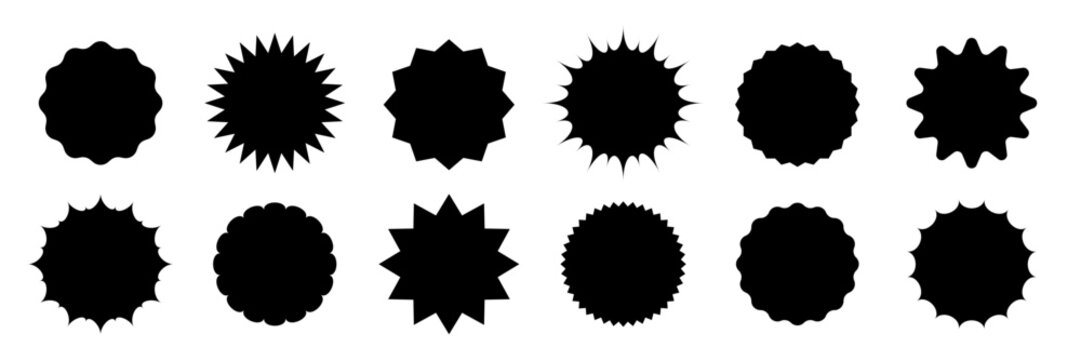 Star round sticker tag icon shape pack. Circle starburst label shape for promo, sale, price offer badge sticker. Round tag shape vector icon. Sale, promo label color design. Vector illustration
