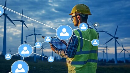 Engineer inspects wind turbines with tablet and network connection in action - Powered by Adobe