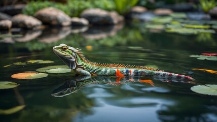 Obraz premium Chinese Water Dragon Swimming Through Serene Pond