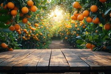 Wooden Table in Citrus Orchard with Empty Space for Products