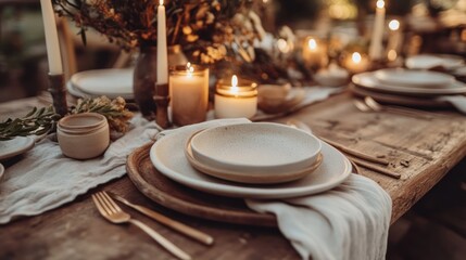 Rustic, earthy-toned table setting with candles and natural elements