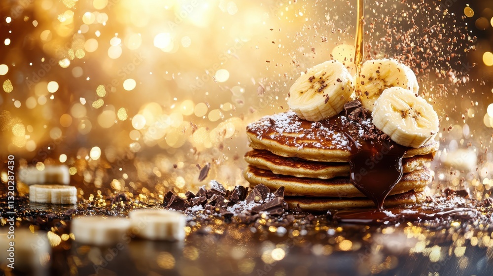 Poster Delicious Stack of Pancakes Topped with Sliced Bananas and Drizzled with Syrup Against a Sparkling Background