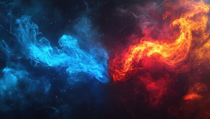 Abstract clash of fire and ice; cosmic energy battle