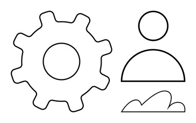 Gear symbol, user figure, and cloud outline suggest technology, teamwork, automation, and cloud computing. Ideal for innovation, digital tools, industry collaboration networks technical solutions