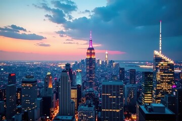 Fototapeta premium Dramatic NY cityscape, skyscrapers pierce blue sky, america, east coast