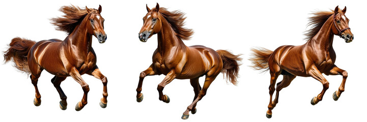 Obraz premium chestnut horse running triple image on white background