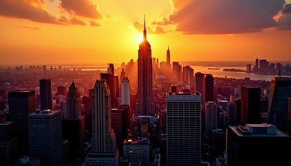 Golden hour sunset casts long shadows on Midtown Manhattan skyscrapers , skyline, concrete