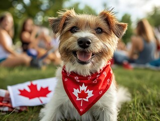 Happy Dog in Red Bandana Celebrating Canada Day Outdoors