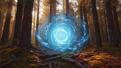 sun shining through the forest with swirling blue energy a dimention portal