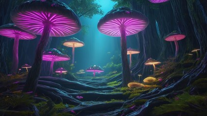 A glowing forest with giant neon mushrooms