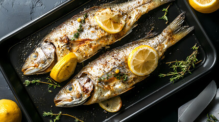 Gourmet Grilled Fish: Two whole fish, perfectly grilled to a golden crisp, garnished with lemon slices and fresh herbs, presented on a dark baking tray, ready to delight the palate