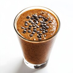 Smooth beverage with chocolate chips served in a clear glass isolated on a bright white background for dessert marketing