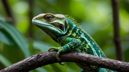 Obraz premium Close-Up of Vibrant Green Lacertidae Lizard on Tree Branch