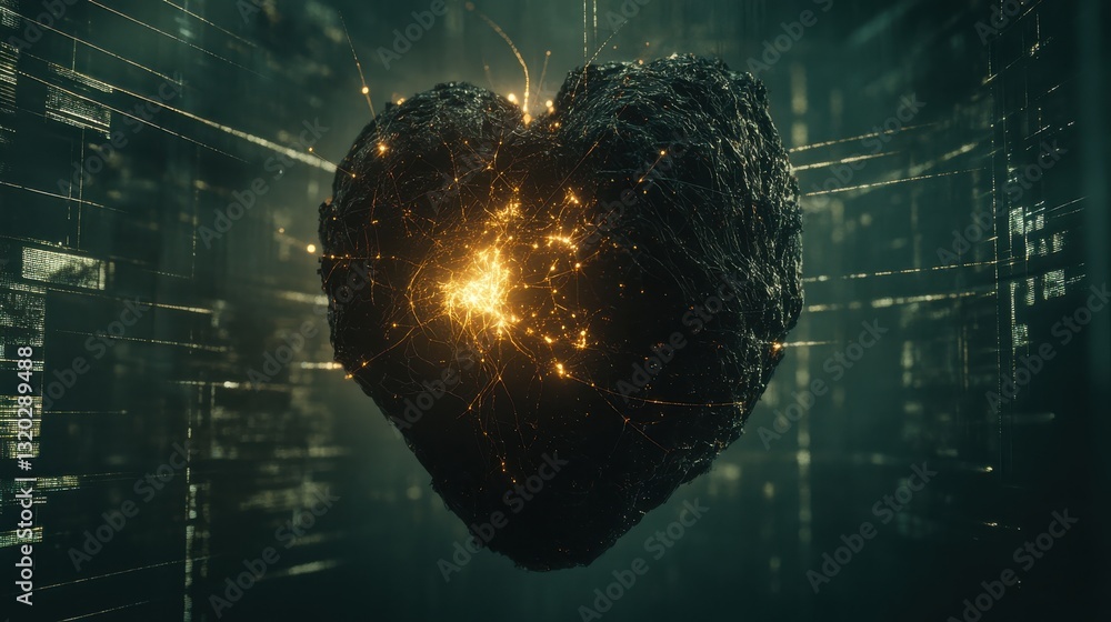 Poster glowing heart shaped object representing love and connection in a futuristic digital environment