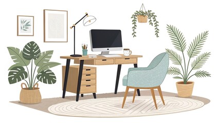 Wooden computer desk with monitors and office supplies. 